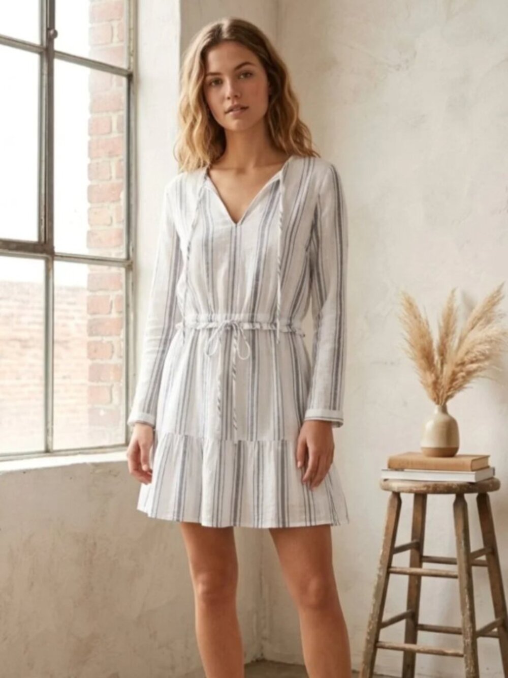 Rails Striped Mini Dress Cream Gray Blue Long Sleeve Cinched Waist XS 0472